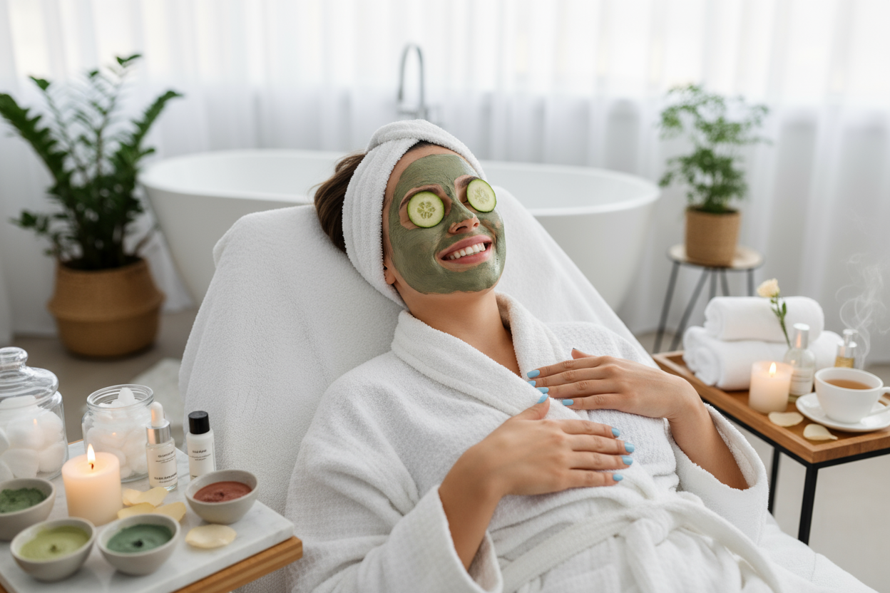 random happy girl doing self care spa things